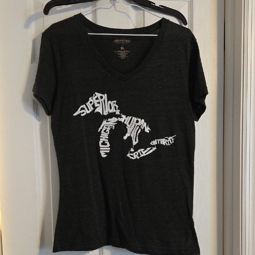 Black Graphic Michigan / Great Lakes V-Neck T-Shirt